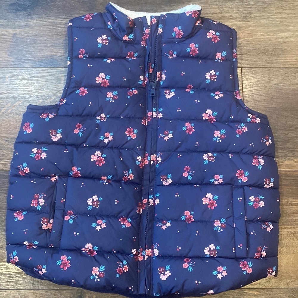 Gymboree girls floral navy blue winter puffer vest size 10 12 large